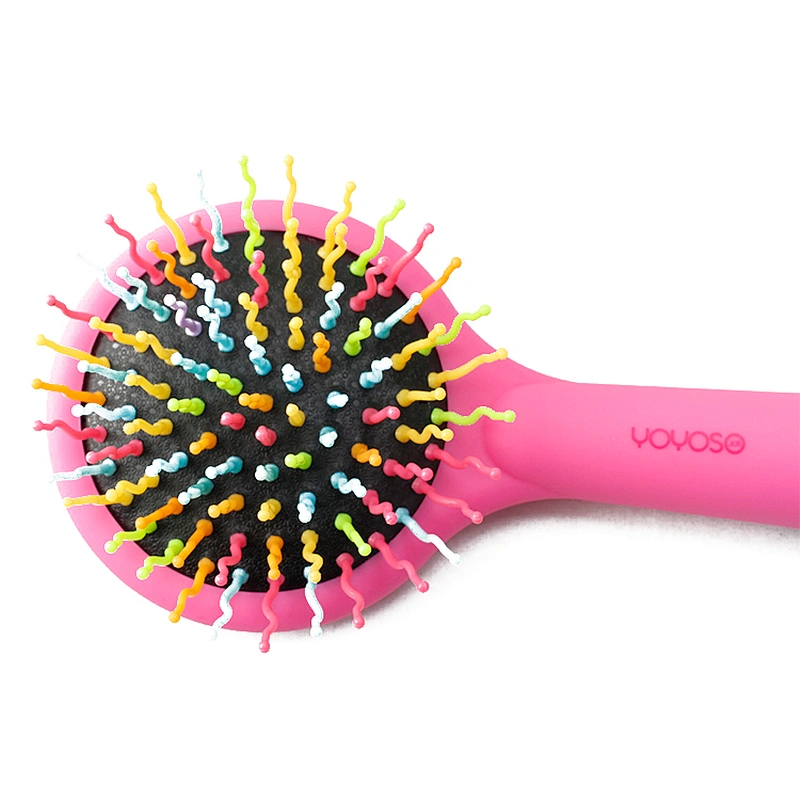 Rainbow s-curve ball tipped flexible cushion base volume brush magic hair comb with mirror