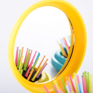 ABS plastic comb black cushion pocket round shape mirror hair brush foldable hairbrush with glass mirror