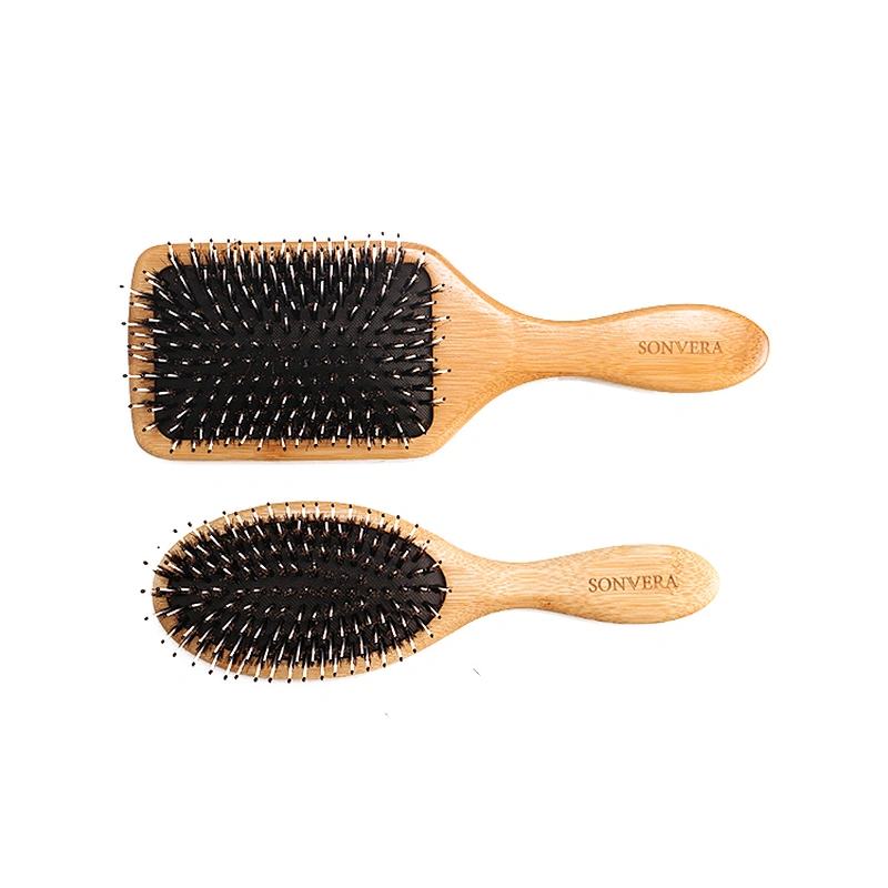 Bamboo wooden cushion massage paddle hairbrush with natural Boar bristles