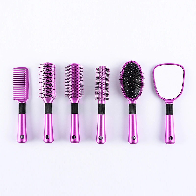 Professional different style 24pcs/set plastic massage hairbrush set with iron display rack