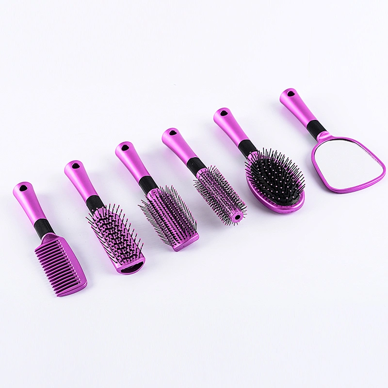 Professional different style 24pcs/set plastic massage hairbrush set with iron display rack