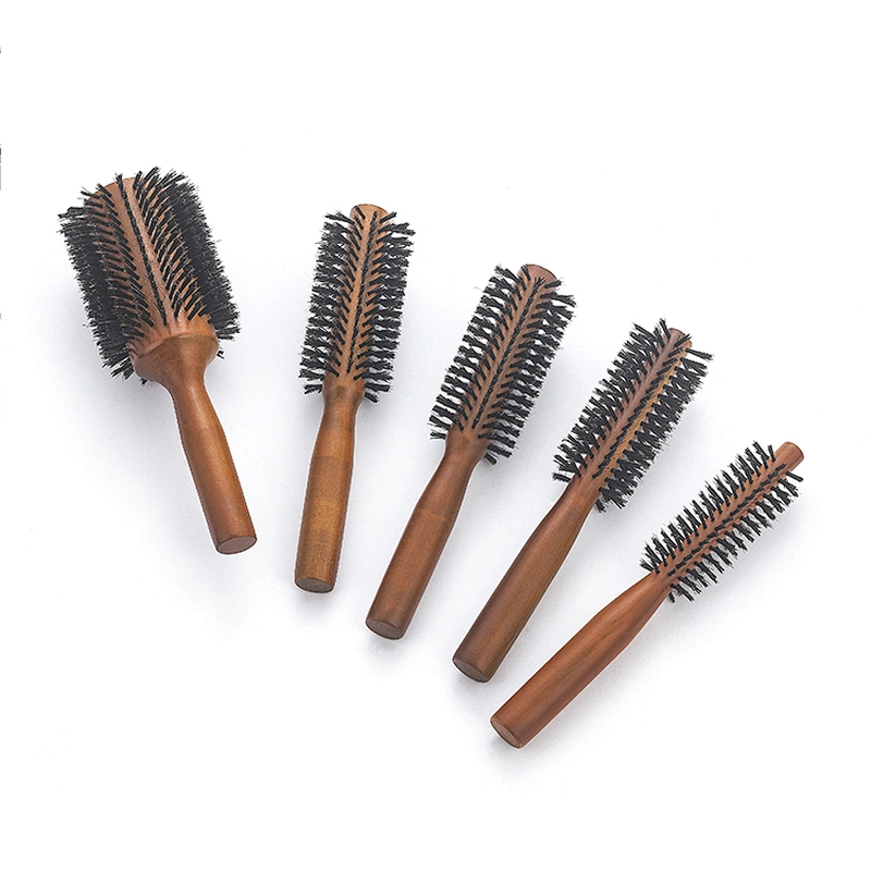 Wholesale handmade round wooden handle boar bristles Ionic curved hair styling brush