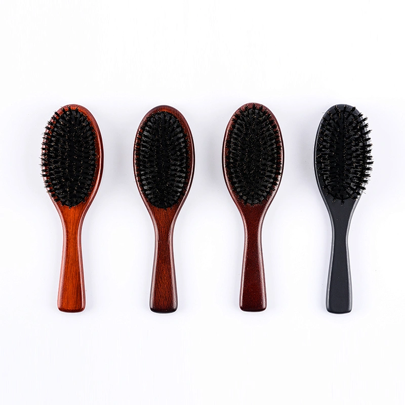 Newest custom natural detangling black cushion oak wooden hairbrush with pure boar bristles