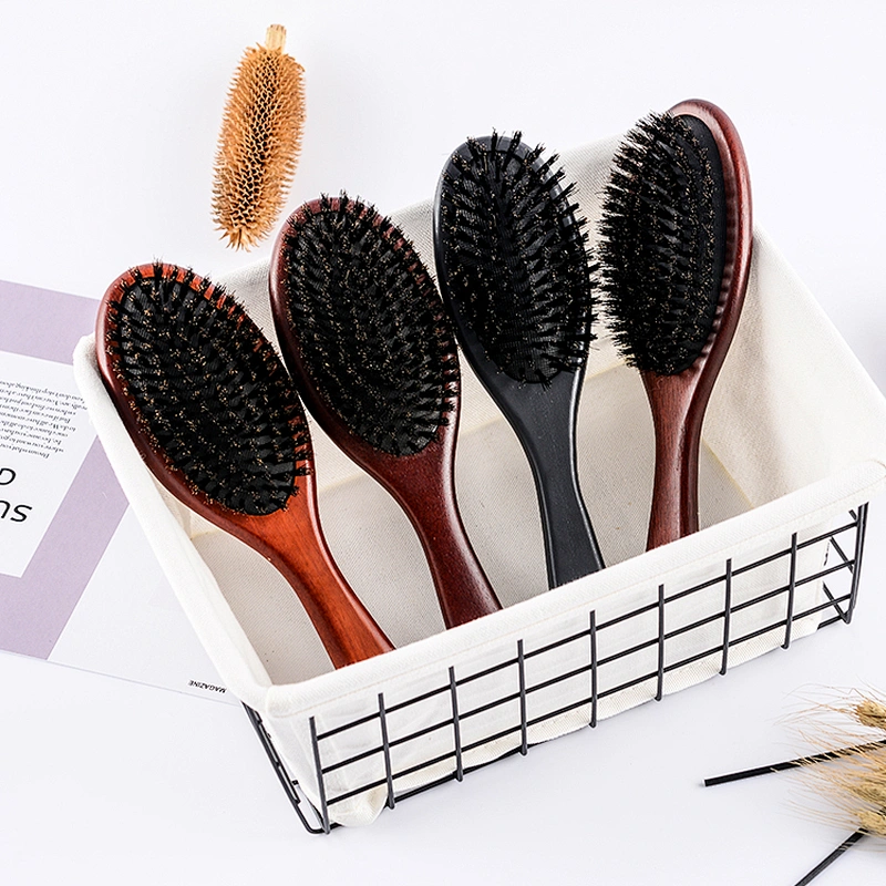 Newest custom natural detangling black cushion oak wooden hairbrush with pure boar bristles