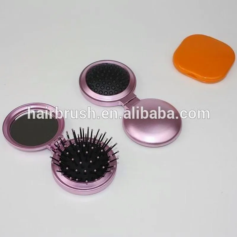 ABS round foldable hair brush with mirror metal painting