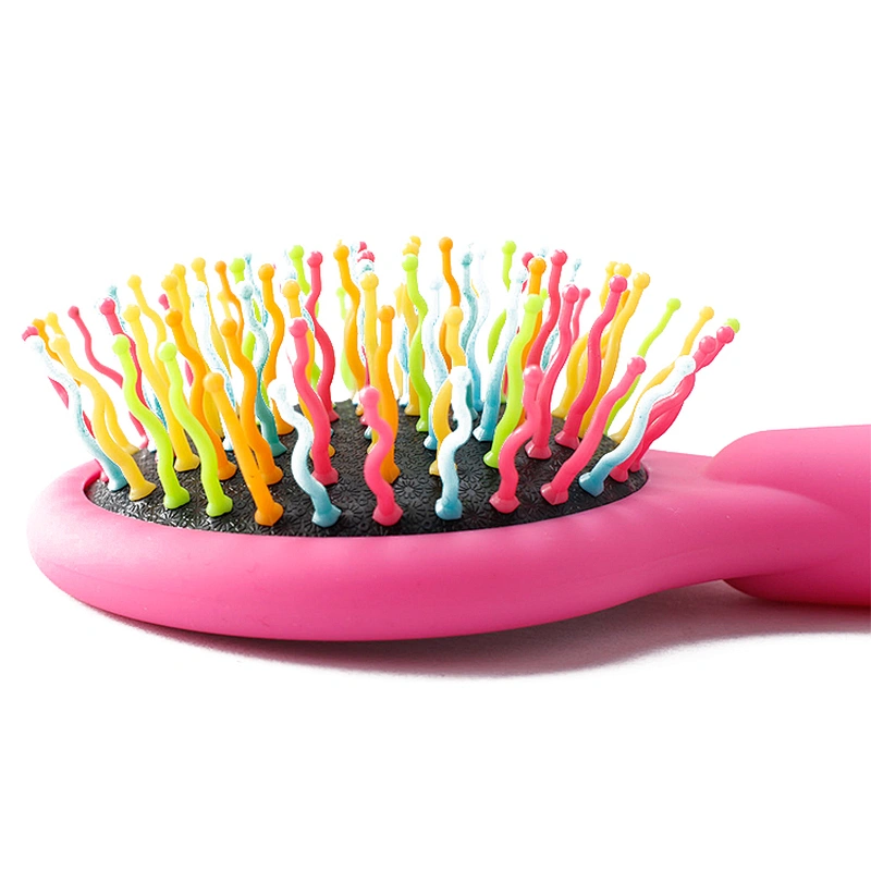 Rainbow s-curve ball tipped flexible cushion base volume brush magic hair comb with mirror