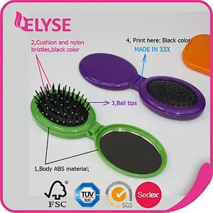 Folding oval plastic pocket hair brush comb with mirror