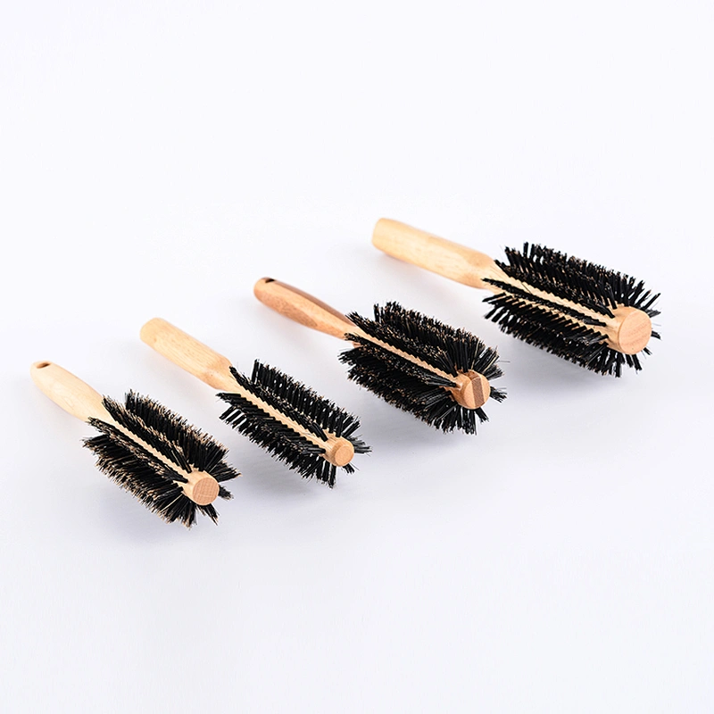 Wooden Rotating Round Barrel Anti-Static Hair Brush With Natural Boar bristle