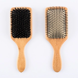 OEM available professional salon newest custom natural detangling wooden bamboo cushion paddle hair brush with boar bristle