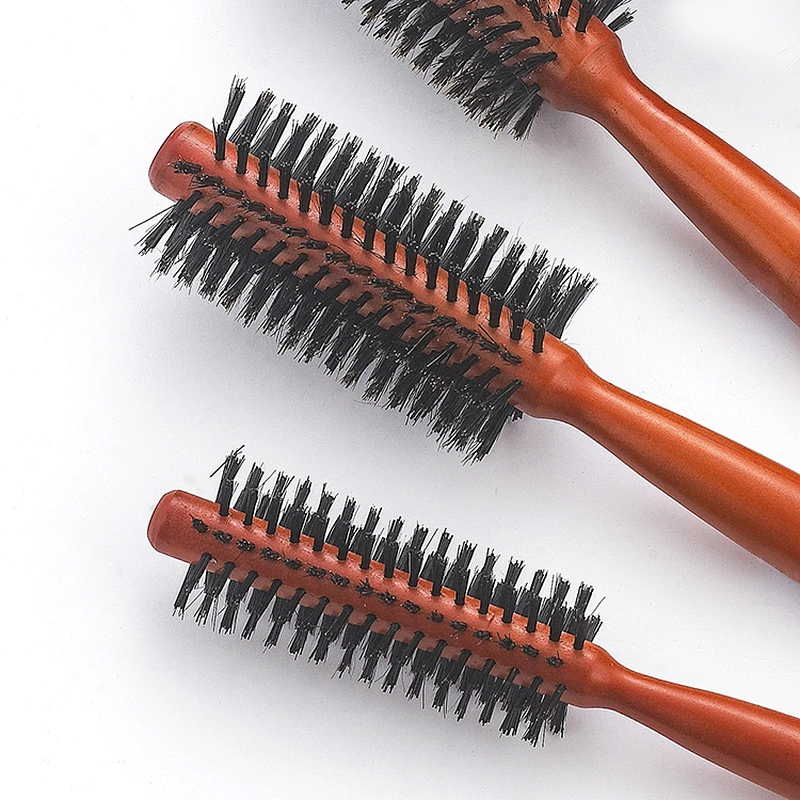 Custom Hairdresser Round Wooden Handle Styling Brush Set Wild Boar Mane Rolling Hair Brush