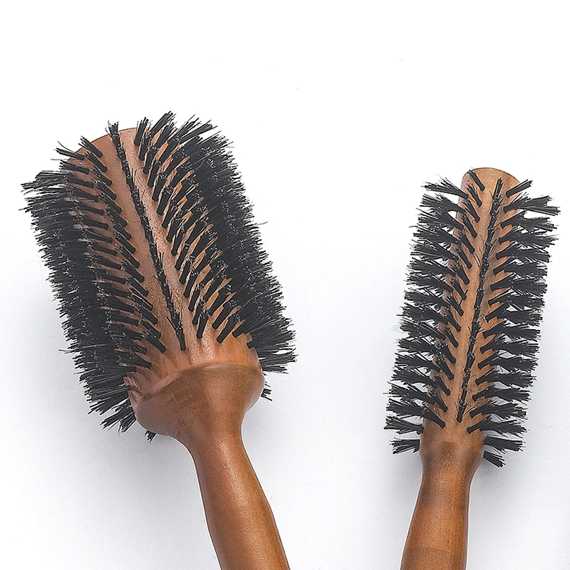 Wholesale handmade round wooden handle boar bristles Ionic curved hair styling brush