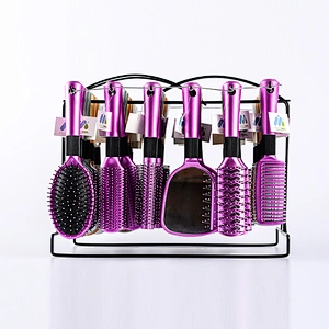 Professional different style 24pcs/set plastic massage hairbrush set with iron display rack
