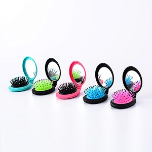 Portable round shape cosmetic high quality wholesale cheap folding hair brush with mirror set for promotion