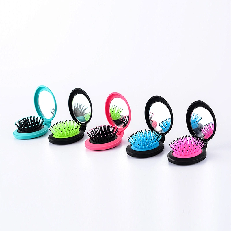 Portable round shape cosmetic high quality wholesale cheap folding hair brush with mirror set for promotion