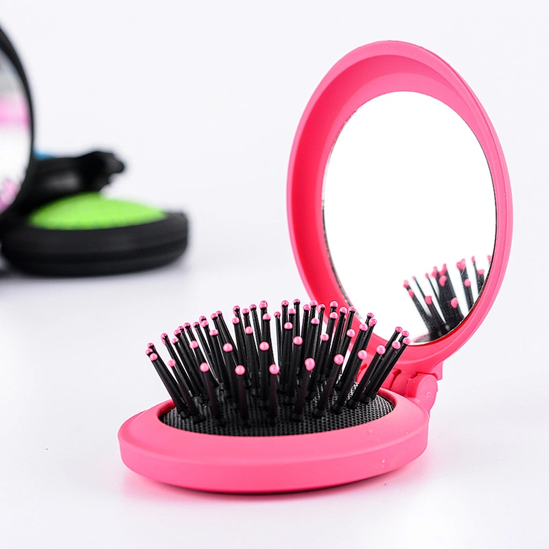 Portable round shape cosmetic high quality wholesale cheap folding hair brush with mirror set for promotion