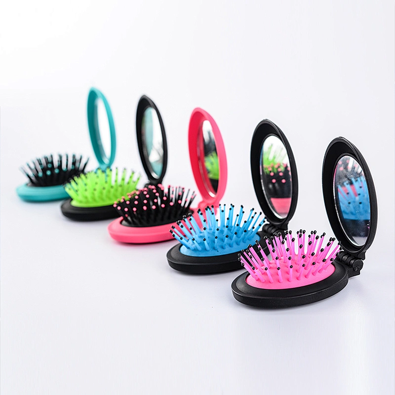 Portable round shape cosmetic high quality wholesale cheap folding hair brush with mirror set for promotion