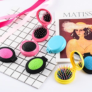 Portable round shape cosmetic high quality wholesale cheap folding hair brush with mirror set for promotion