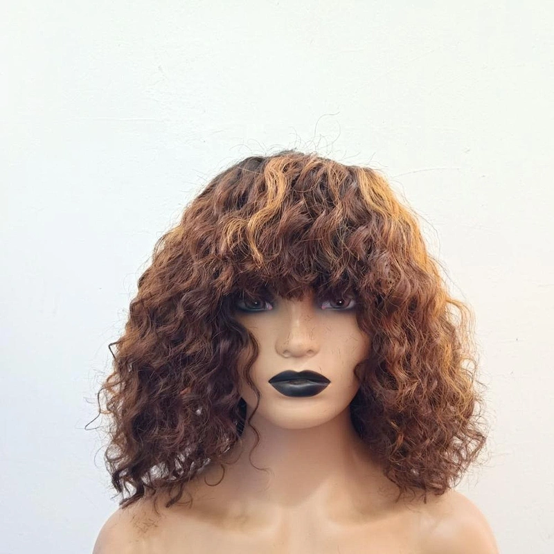 2020 New Arrival Virgin Color Wavy Hair Fringe Wig Human Hair Glueless Honey Brown Human Hair