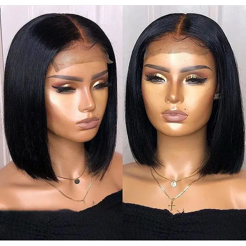 100% Virgin Silky Staight Closure Wig 10inch to 14inch Glueless Human Hair Bob Wig Blunt Cut