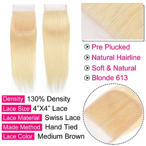 613 Hair Closure Brazilian Human Hair Straight Blonde Color Remy Hair Lace Closure Free/middle/three Part Hair Weaving
