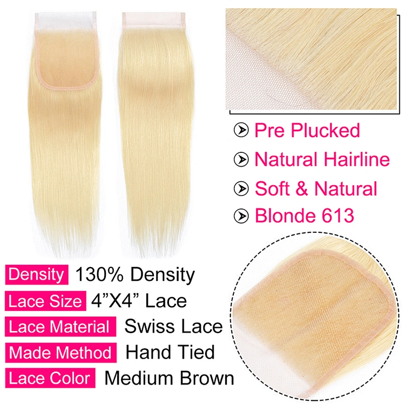 613 Hair Closure Brazilian Human Hair Straight Blonde Color Remy Hair Lace Closure Free/middle/three Part Hair Weaving