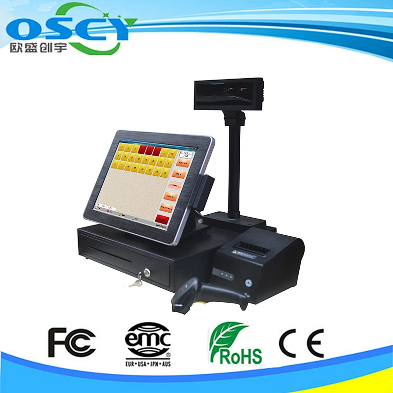 all in one pos terminal/ barebone pc 15 inch pos display with label printer