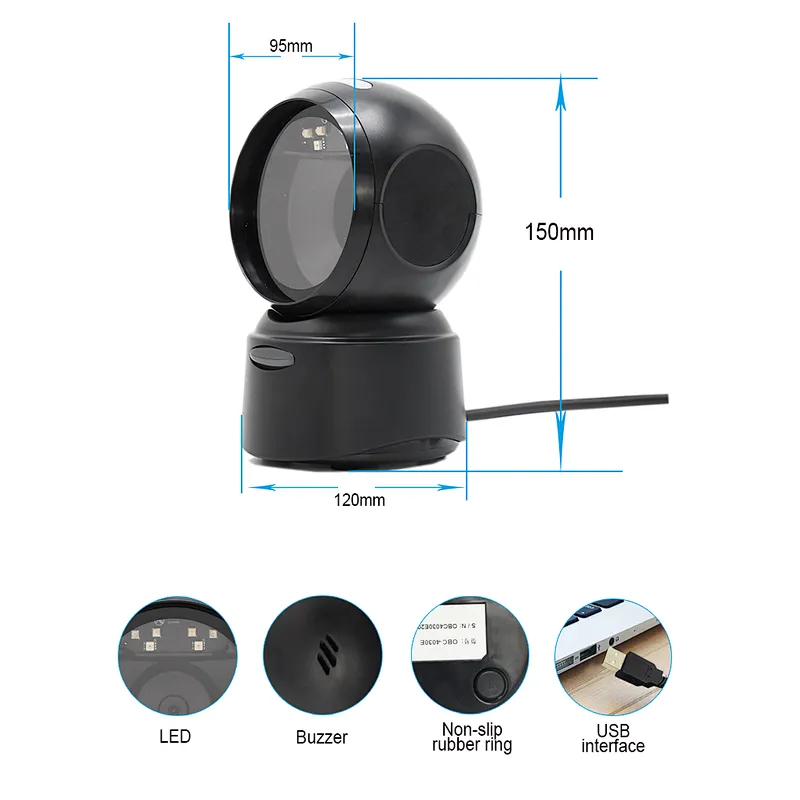 2D CODE Reader Image Desktop Barcode Scanner Reader Supermarket Library Pharmacy Retail Wired QR Code Scanner Black USB Stock