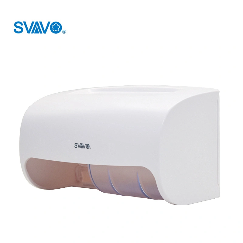 Plastic dual roll toilet tissue dispenser for mini roll