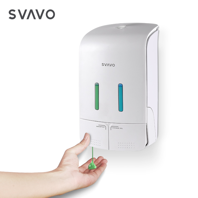 Hotel Bathroom Wall Mounted Refillable Double Head Tank Manual Liquid Soap Dispenser for Shampoo Shower Gel