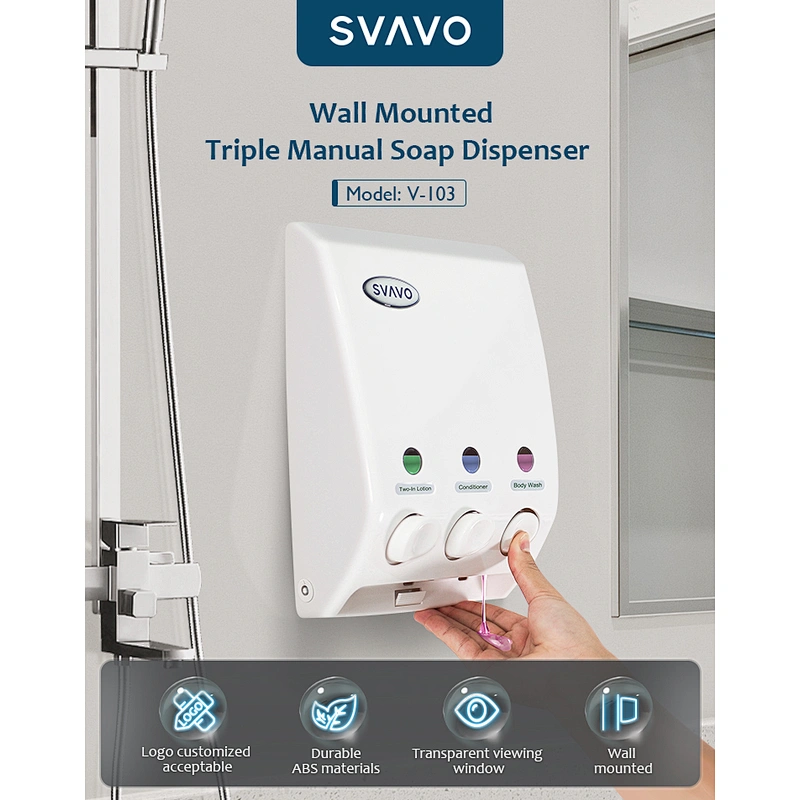 SVAVO OEM Bathroom Wall Mounted Triple soap pump Dispenser ABS set Hotel Manual Liquid Soap Dispenser