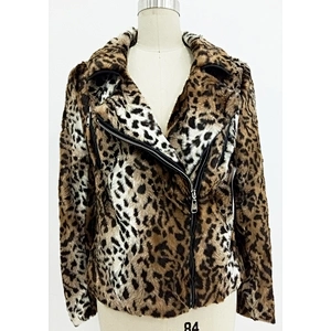 Leopard Turn Over Collar Women Faux Fur Jacket