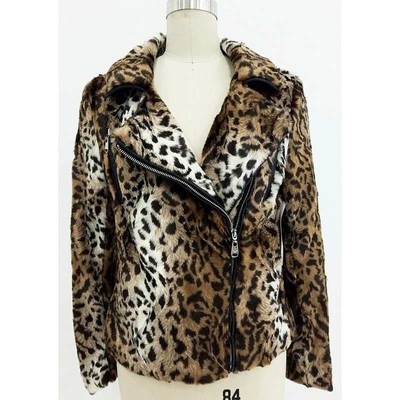 Leopard Turn Over Collar Women Faux Fur Jacket