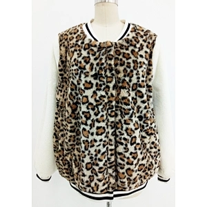 Baseball Collar Leopard Women Faux Fur Jacket