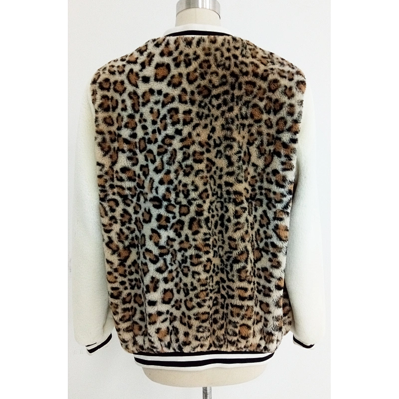 Baseball Collar Leopard Women Faux Fur Jacket