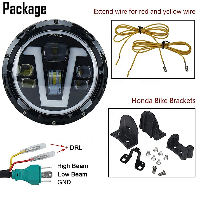 OVOVS 7 Inch Motorcycle Led Headlight 12V White V Type Halo DRL Led Headlight for Harley Honda CB400