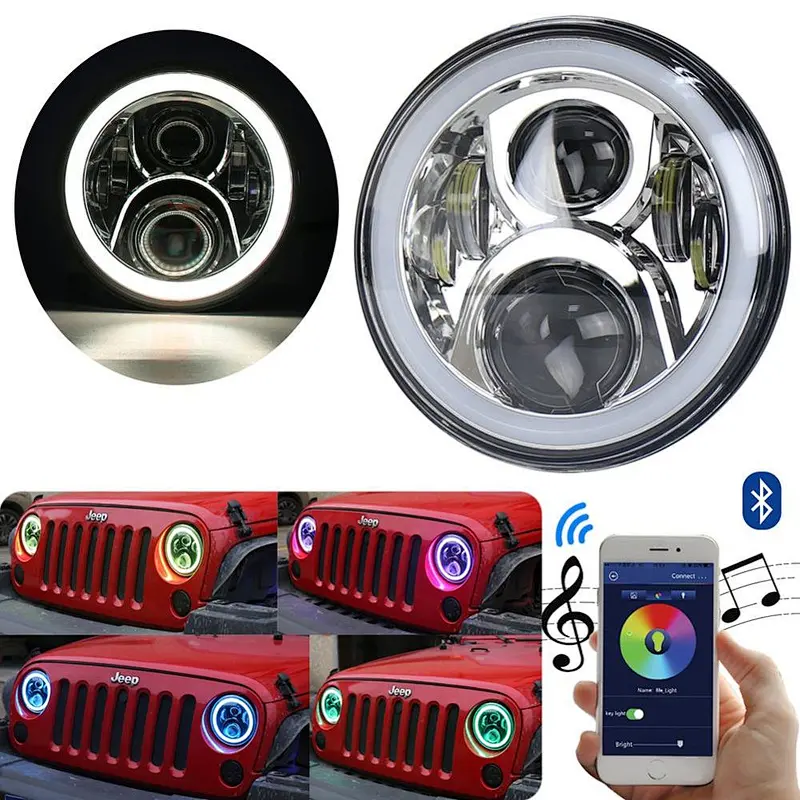 OVOVS Off Road 7inch LED Headlight with RGB Halo High/Low Beam Bluetooth Remote Control for Land Rover Hummer
