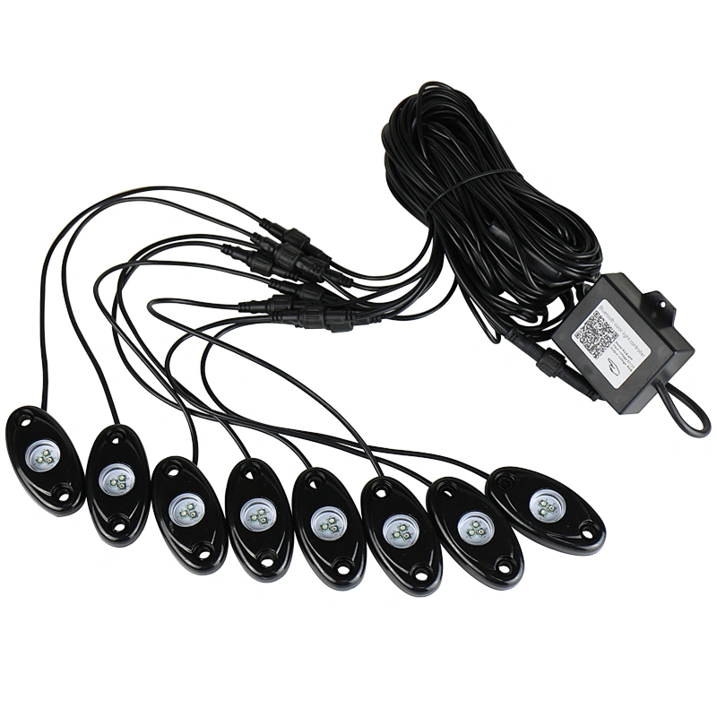 OVOVS Offroad Bluetooth Control Under Car 12v 8pod 9W RGB Led Rock Lights Kit Waterproof