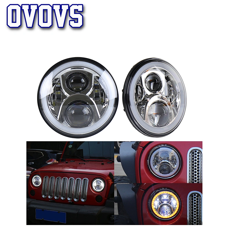 OVOVS 7 inch 50W Off Road LED Headlight with High/Low Beam White DRL Angle Eye for Jeep Wrangler Harley Davidson