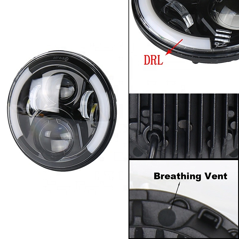 OVOVS 7inch Black Bezel LED Headlight with High/Low Beam White DRL Amber Turn Signal 50W Motorcycle Headlamps for Harley