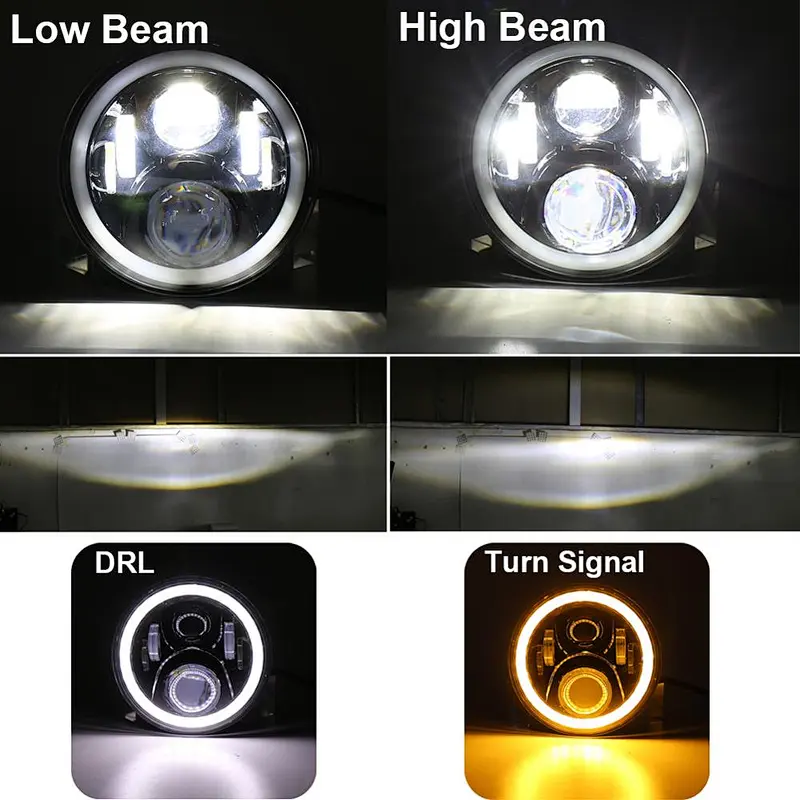 OVOVS 7 inch 50W Off Road LED Headlight with High/Low Beam White DRL Angle Eye for Jeep Wrangler Harley Davidson