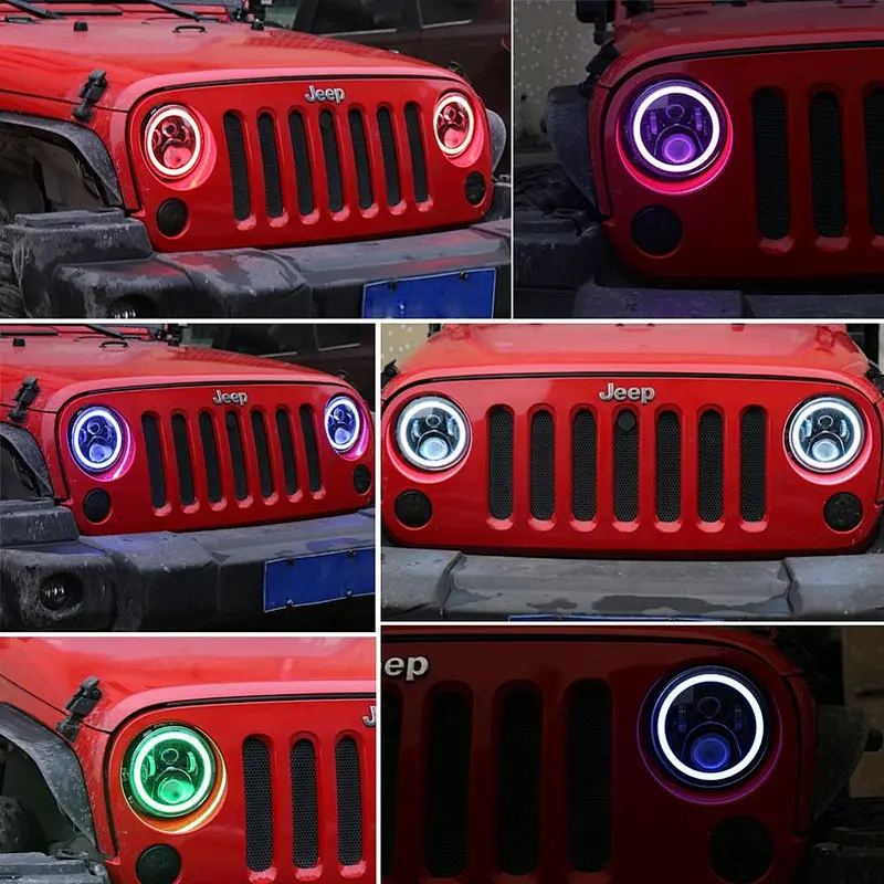 OVOVS Off Road 7inch LED Headlight with RGB Halo High/Low Beam Bluetooth Remote Control for Land Rover Hummer