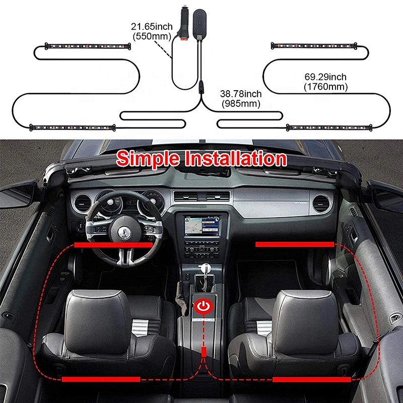 OVOVS RGB Bluetooth Control Car Interior Led Strip Light 4PCS 12v Auto Atmosphere Light Underdash Lighting Strip Kit