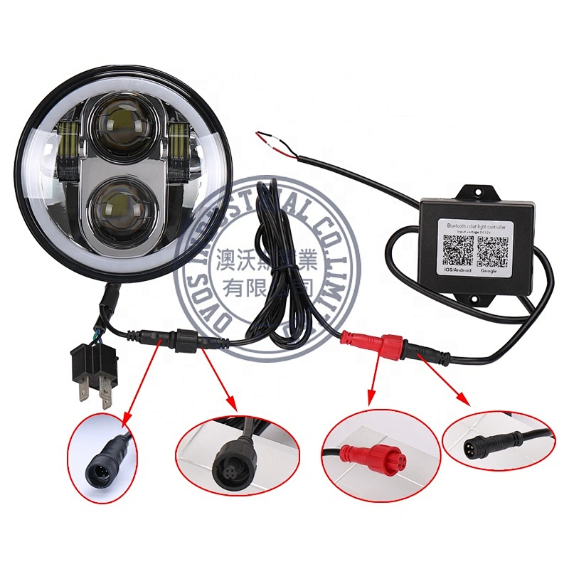 OVOVS 5.75 inch Round Led Headlight with RGB Angel Eyes Bluetooth Remote Controlled Headlamp for Harley Davidson