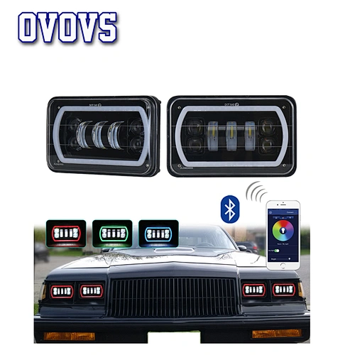 OVOVS Off Road 4x6 Truck LED Headlight with RGB Halo High/Low Beam Bluetooth Remote Control for Jeep Chevrolet Ford Truck