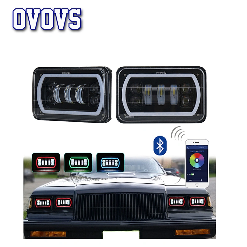 OVOVS Off Road 4x6 Truck LED Headlight with RGB Halo High/Low Beam Bluetooth Remote Control for Jeep Chevrolet Ford Truck