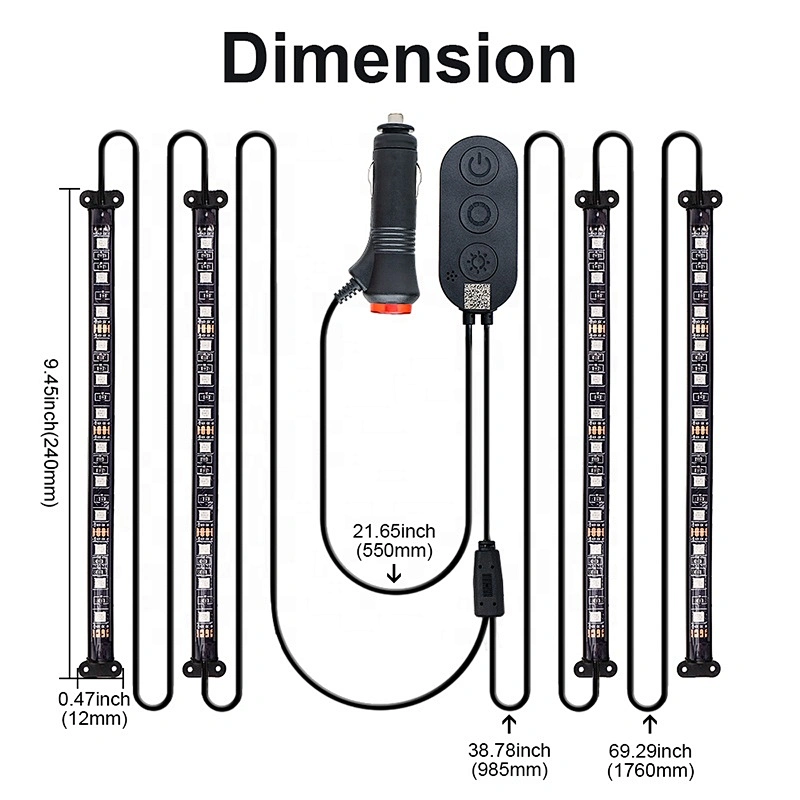 OVOVS RGB Bluetooth Control Car Interior Led Strip Light 4PCS 12v Auto Atmosphere Light Underdash Lighting Strip Kit