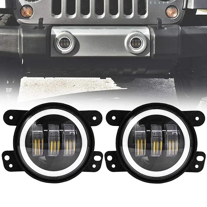 OVOVS Off Road 30W 4 inch LED Fog Lights with Angle Eye White Halo DRL for Jeep Wrangler