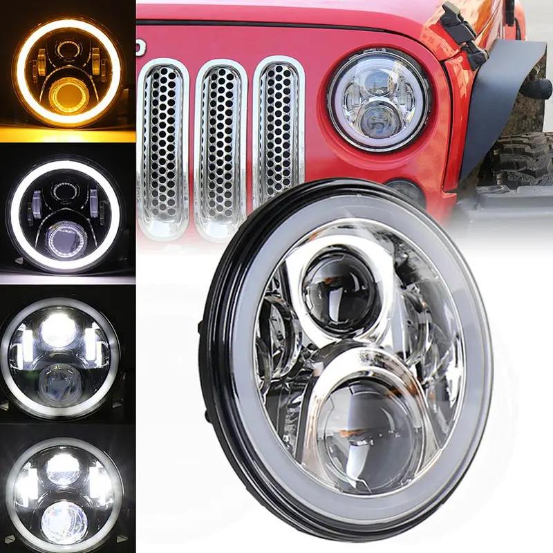 OVOVS 7 inch 50W Off Road LED Headlight with High/Low Beam White DRL Angle Eye for Jeep Wrangler Harley Davidson