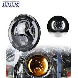 OVOVS 7inch Black Bezel LED Headlight with High/Low Beam White DRL Amber Turn Signal 50W Motorcycle Headlamps for Harley