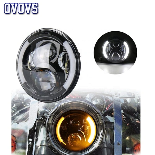 OVOVS 7inch Black Bezel LED Headlight with High/Low Beam White DRL Amber Turn Signal 50W Motorcycle Headlamps for Harley